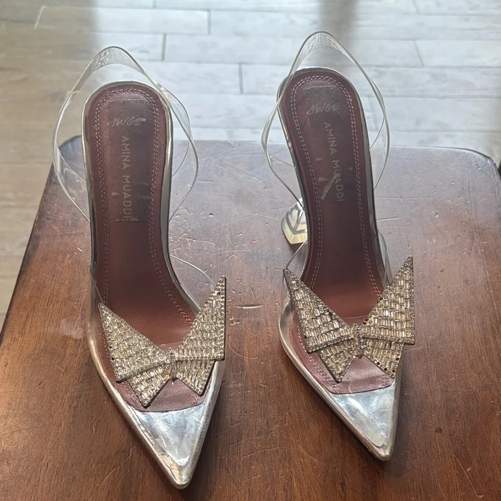 Amina Muaddi Silver and Clear Heels - Picture 5 of 17
